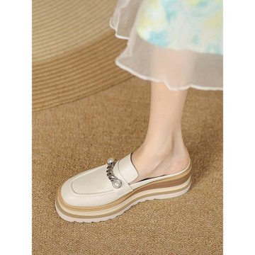 網紅包頭半拖鞋女夏外穿2025年新款復古懶人松糕鞋無后跟厚底單鞋