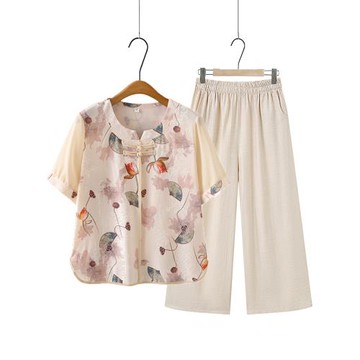 媽媽夏裝雪紡上衣2025新款時尚洋氣短袖套裝中老年女T恤衫兩件套