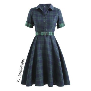 歐美復古港風80年代感氣質翻領短袖格子襯衫大擺連衣裙夏季新款女