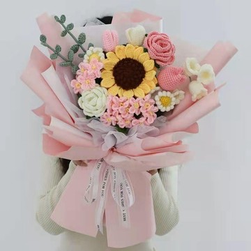 手工毛線針織花玫瑰花束 向日葵花束 畢業花束 畢業禮物 編織花玫瑰花束生日禮物教師節花束畢業季送老師送媽媽驚喜禮物香皂花