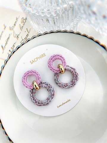 粉紅鈎織暗閃圈圈耳環 復古 紗線 混線