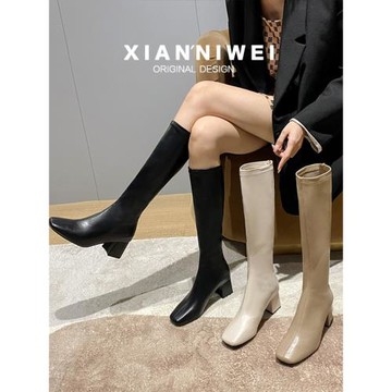長筒靴女2025春秋彈力靴瘦瘦粗跟方頭及膝靴高筒不過膝騎士靴子女