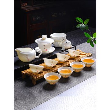 德化羊脂玉白瓷功夫茶具斗笠杯套裝家用陶瓷蓋碗小茶杯帶杯架禪意