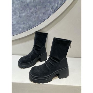 增高厚底短靴女2025新款秋冬加絨英倫風中筒靴絨面彈力瘦瘦靴襪靴