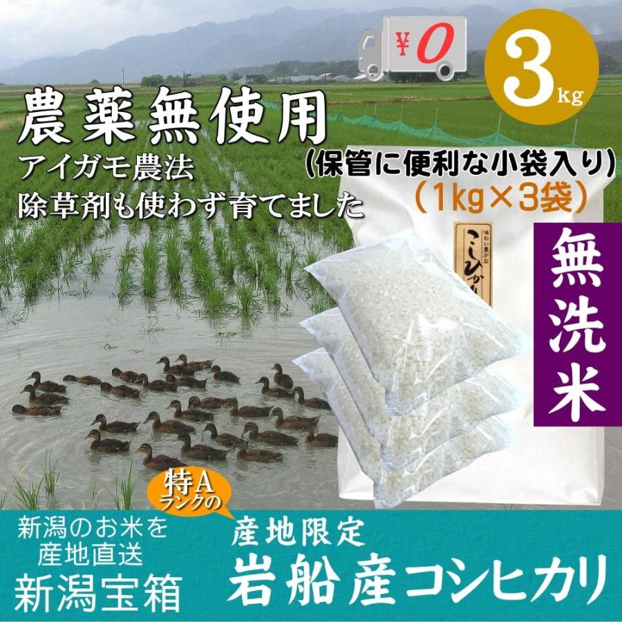 農薬無使用 米 新潟県岩船産コシヒカリ 無洗米 1kg×3袋 3kg お米 白米 特A 送料無料