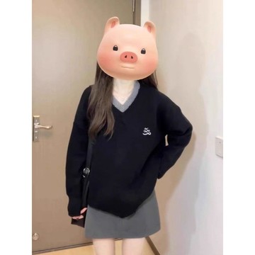 高級感假兩件黑灰撞色v領毛衣女秋冬寬鬆設計感休閒套頭針織上衣 針織上衣 長袖上衣 長袖t恤 保暖上衣 秋冬女裝 毛衣女