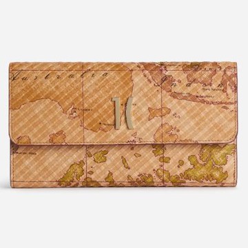 Alviero Martini 義大利地圖包 波紋小羊皮16卡釦式中長夾17.5cm-地圖黃