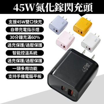 【低溫不傷機】45W氮化鎵充電器 雙口typec充電頭 QC PD快充 適用蘋果安卓全係列 充電頭 充電器 適用i17
