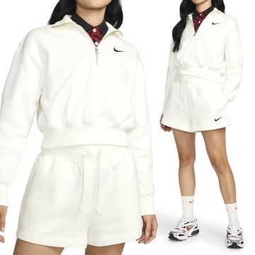 Nike PHNX FLC QZ Crop 女款 白色 寬鬆 半拉鍊 短版 小勾 刺繡 上衣 長袖 DQ5768-133