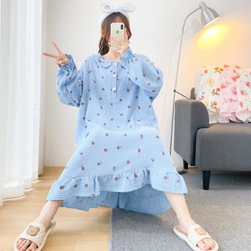 加長大碼韓版娃娃領純棉雙層紗睡裙長袖寬松孕婦胖mm200斤睡衣裙