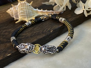 純銀 招財 貔貅 蠶絲蠟線手鍊