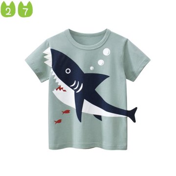 27kids潮牌夏季童裝兒童t恤純棉男童短袖水印鯊魚上衣男寶寶衣服