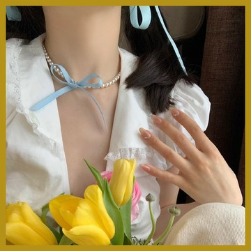 芭蕾少女風項鏈 藍絲帶蝴蝶結6mm仿珍珠飾品 Choker頸鏈短款鎖