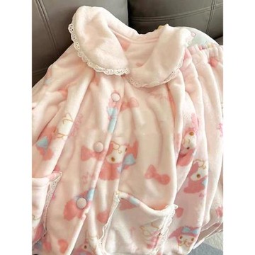 美樂蒂睡衣女秋冬季加厚法蘭珊瑚絨套裝冬天學生可愛娃娃領家居服