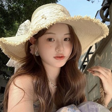 【桃園出貨🔥】蕾絲蝴蝶結大帽簷遮陽草帽女夏季2025新款防曬帽海邊度假沙灘帽子