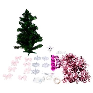 摩達客 耶誕2尺/2呎 60cm 特仕幸福型裝飾綠色聖誕樹 燦爛粉紅銀系全套飾品 + 50燈LED銅線燈串 USB電池盒兩用充電  粉紅色 + 銀色 + 綠色