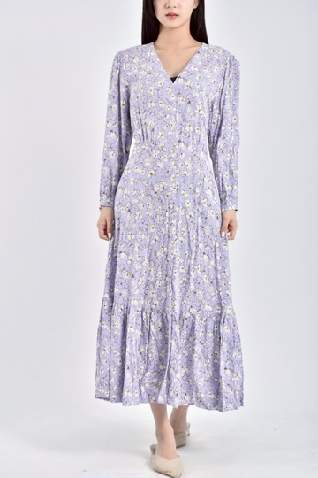 (L) uniqlo碎花七分袖排扣綁帶紫色洋裝