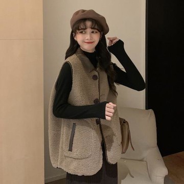 皮毛一體仿羊羔毛絨馬甲女秋冬歐貨背心外搭疊穿無袖坎肩馬夾外套