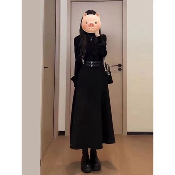 佰分佰/100kg內可穿/大尺碼女裝/秋冬穿搭/法式/黑色內搭連衣裙/小個子/掐腰氣質小黑裙/長袖洋裝/連身裙