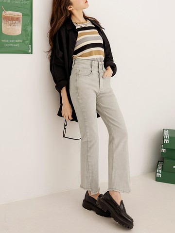 炒鹽洗色高腰彈力抽鬚牛仔褲