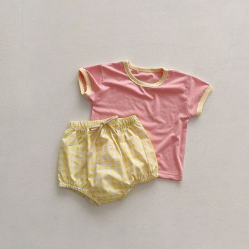 Mimo⭐ins風兒童夏季清新冰激凌格子套裝撞色嬰兒套裝男女寶寶衣服