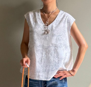 漫步蒙馬特/法國古典繪畫印花純棉布V領法式袖A字上衣/只有一件
