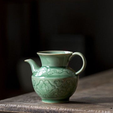 越窯青瓷陽雕公道杯陶瓷分茶器功夫茶具茶道配件茶海勻杯公平杯