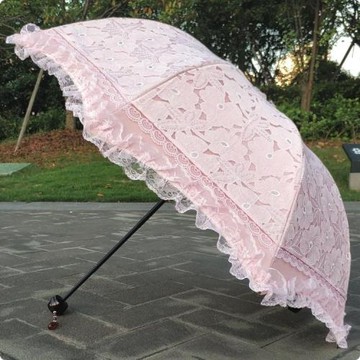 粉紅色燒花三折黑膠蕾絲防紫外線防曬遮陽太陽傘晴雨傘少女公主傘