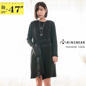 連身洋裝--顯瘦造型口袋腰間拼接異材質不規則下擺圓領長袖連身裙(黑L-3L)-A443眼圈熊中大尺碼