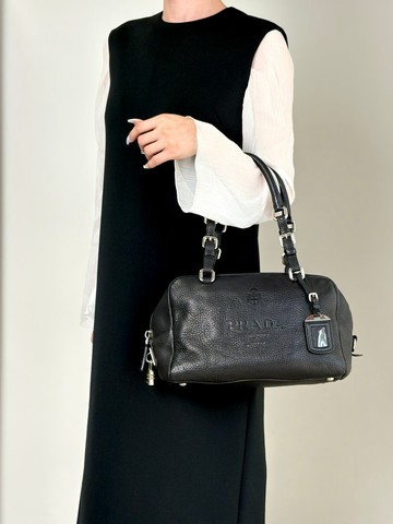 【日本直送 名牌中古包】PRADA 普拉達 手提包 黑色 Logo 皮革 迷你波士頓包 vintage 古董 ydeszs