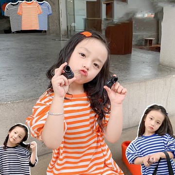 【Arbea】女童T卹條紋中袖長款上衣衛衣裙春夏裝新款童裝女童幼童【C337】