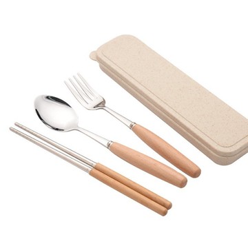PS Mall【J164】環保筷 湯匙 筷子 叉子 餐具組 原木 不鏽鋼 三件套 日式木柄 環保餐具
