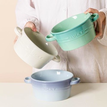 ins高顏值彩色防燙雙耳湯碗陶瓷餐具創意大容量泡面碗沙拉甜品碗