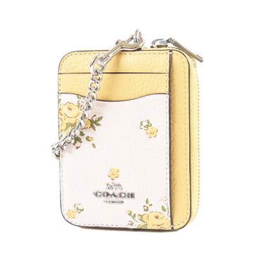 COACH 銀字立體浮雕花卉荔枝紋鍊帶證件零錢包-黃/白