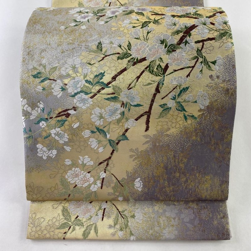 袋帯 美品 名品 万象風韻 枝桜 楓 箔 薄紫 六通 正絹 中古 通販 LINE 