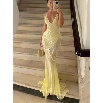獨立站亞馬遜歐美女裝 V領性感吊帶露背修身珠片魚尾禮服長裙8106