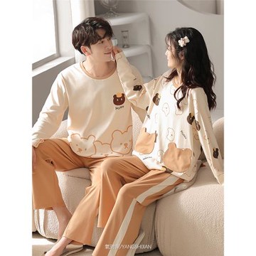 氧時間2022年新款純棉情侶睡衣春秋全棉長袖可愛小熊男女士家居服