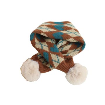 韓版新款冬季兒童保暖毛線圍脖拼色格子印花針織交叉圍巾男女寶寶