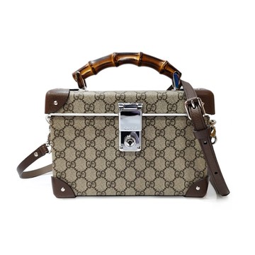 【GUCCI 古馳】588351 經典GG帆布皮革卯釘竹節箱型手提/斜背包(棕色)
