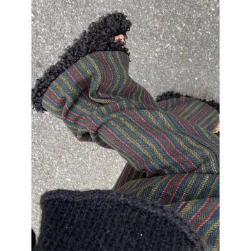 慵懶加絨條紋高腰復古休閑毛呢褲
