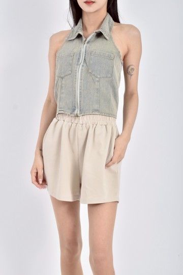 (S) 丹寧牛仔修身短版掛脖鬆緊腰灰色上衣