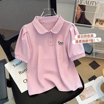 台灣出貨 polo翻領短袖女夏季2025新款蝴蝶結刺繡中大童t恤短款上衣女ins潮 女童上衣 女童polo杉 女童短袖