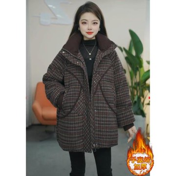 韓版時尚格子中長款棉服外套女冬季2025新款休閑保暖加厚棉衣棉襖