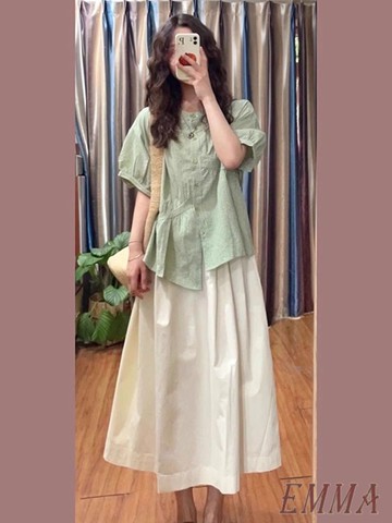 大碼夏裝搭配一整套 格子襯衫上衣半身裙兩件套女 胖mm 顯瘦遮肉套裝 韓版簡約氣質百搭ins風兩件式 休閑慵懶風 套裝女
