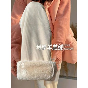 秋冬新加厚雪尼爾闊腿褲高腰保暖休閑褲寬松顯瘦直筒褲女長褲加絨