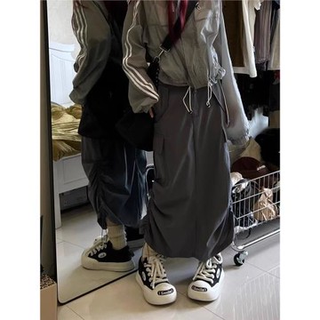 韓版復古開叉工裝裙女春秋季大碼胖mm設計感高腰寬松顯瘦半身裙子