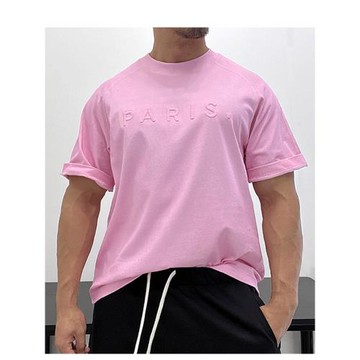 刺繡小領口糖果色修身短袖T恤潮男ins風重磅顯壯體育生優良成衣