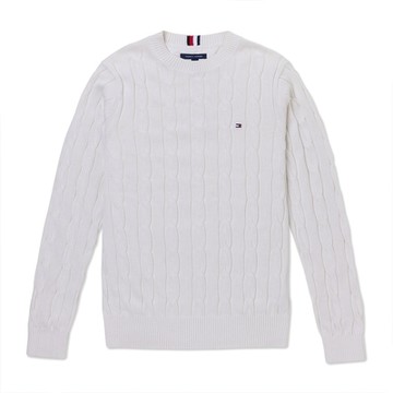 TOMMY 熱銷圓領Logo麻花針織毛衣-白色