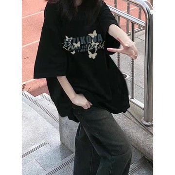 美式復古黑色純棉短袖t恤女學生寬松夏季新款正肩潮牌半袖上衣ins