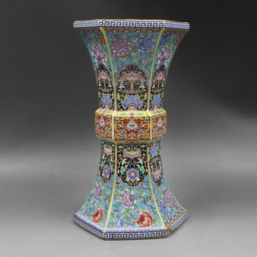 清雍正琺瑯彩描金老萬花紋花觚瓶家居擺件仿古老貨瓷器收藏古董古1入